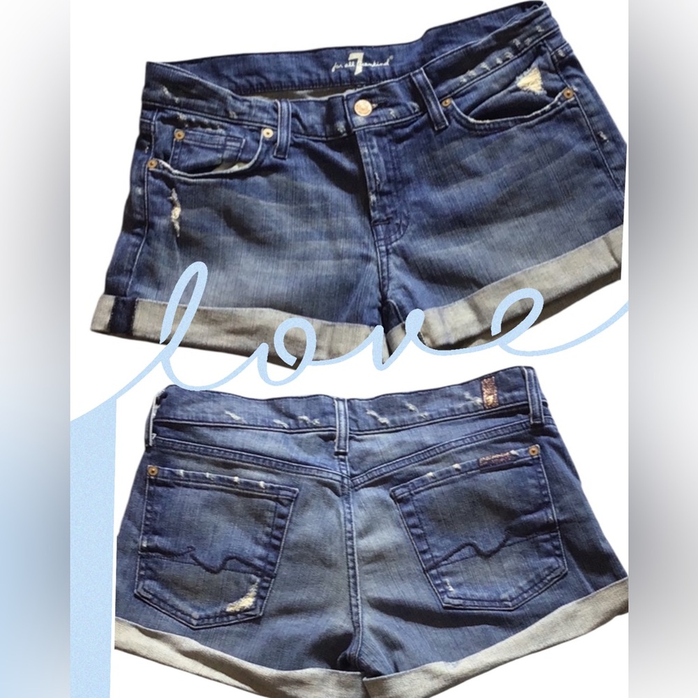 7 For All Mankind Distressed Denim Cut Off Shorts Cuffed 28